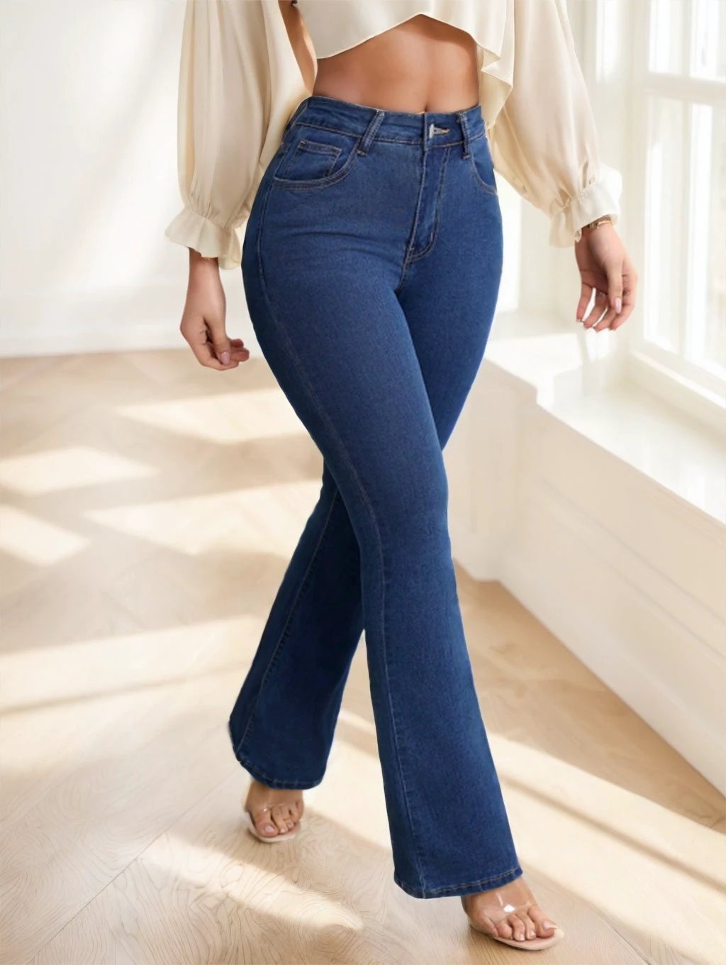 Women's Button Front Pocket Simple Design Casual Denim Long Pants by GJG Denim