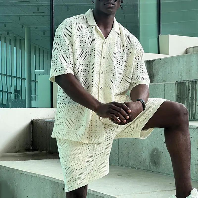 Mens Hollow-Out Lapel Button-Up Shirt And Loose Casual Shorts Set by GJG Denim