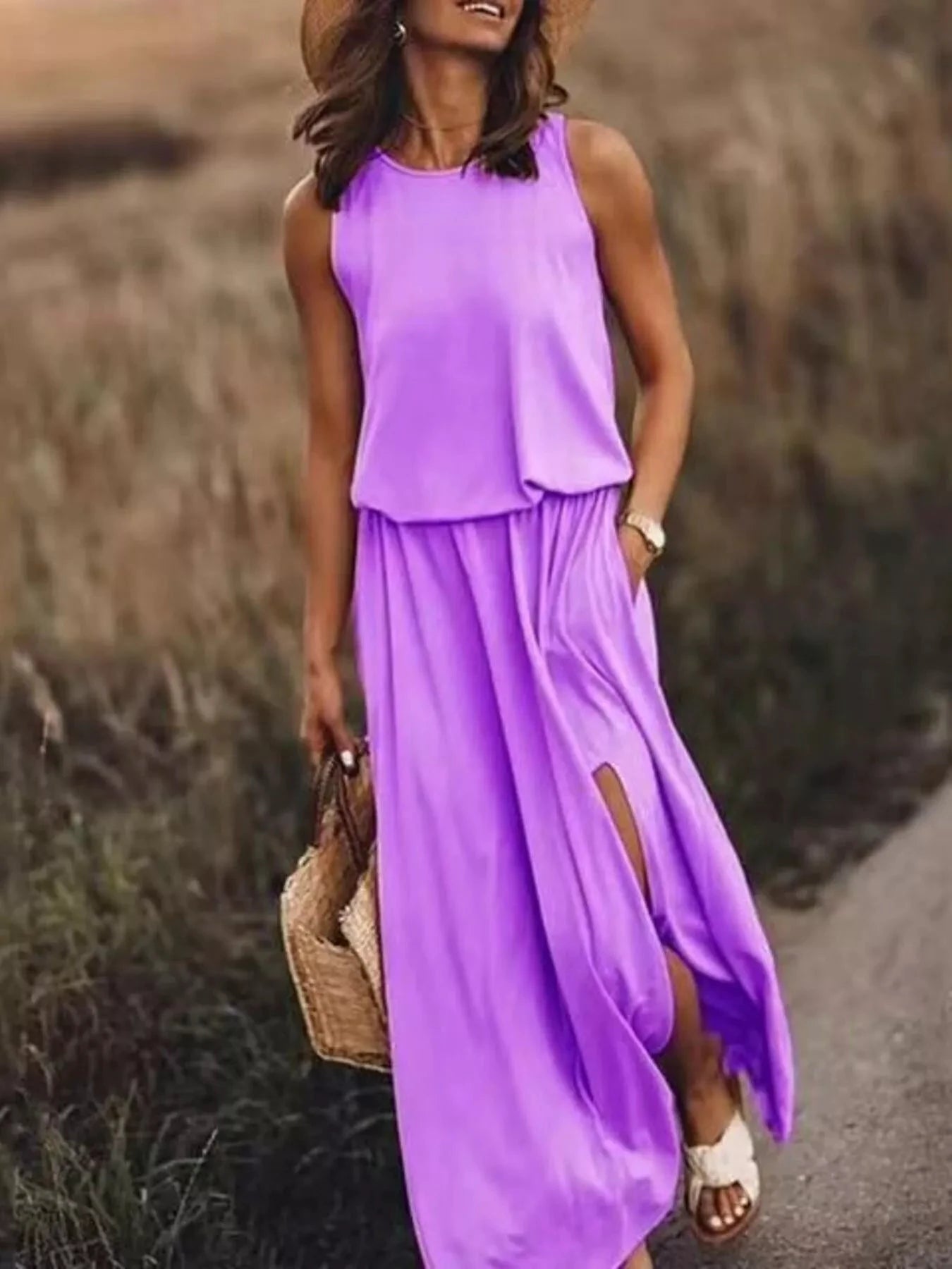 Full Size Round Neck Sleeveless Slit Maxi Dress Plus Size by Lady Ros