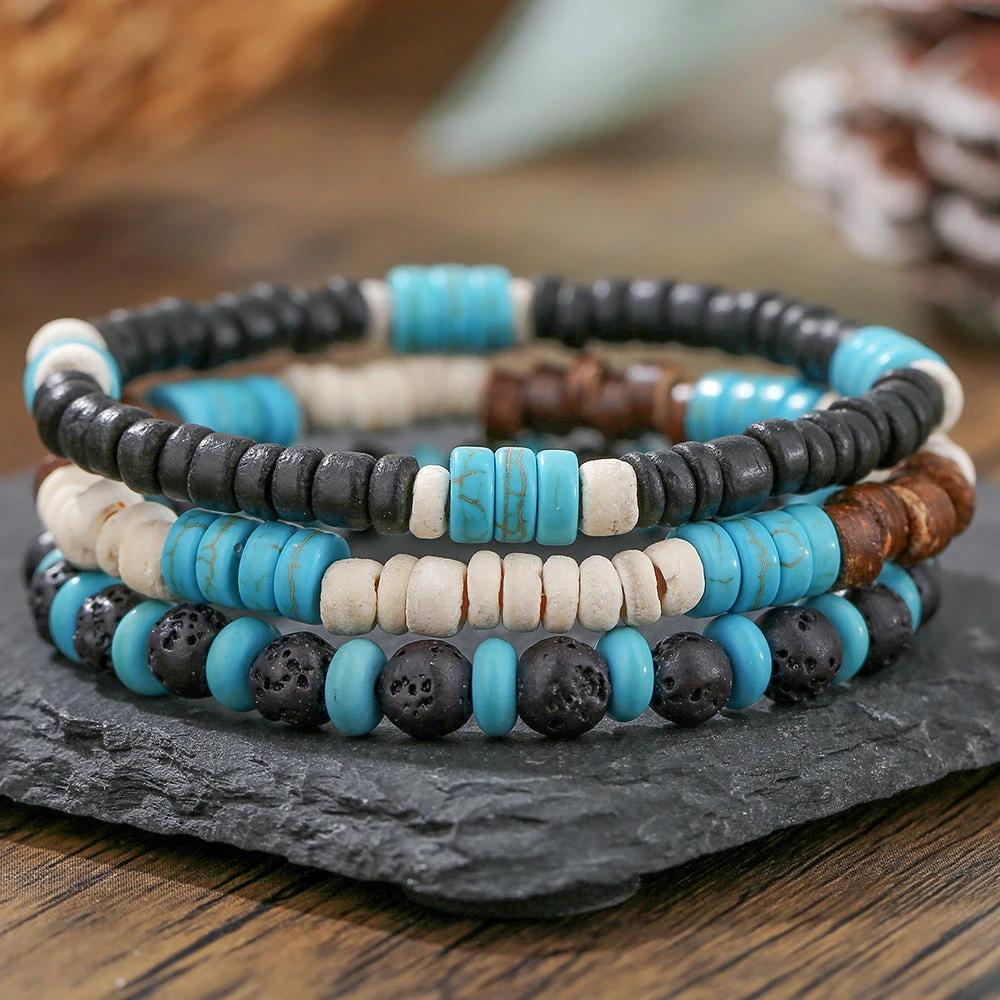 Retro Men's Coconut Wood Multi-Layer Stackable Bracelet Set by GJG Denim