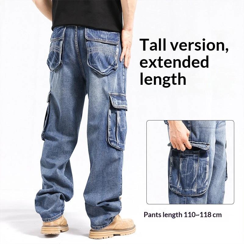 Tall Plus-size Stylish Wide-leg Jeans With Multiple Pockets For Men by GJG Denim