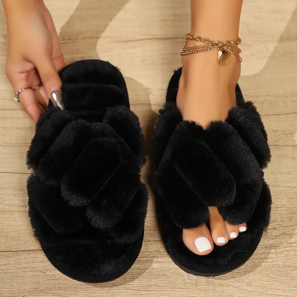 Fluffy Slippers Women's Non-slip Thick-soled Cotton Slippers by GJG Denim