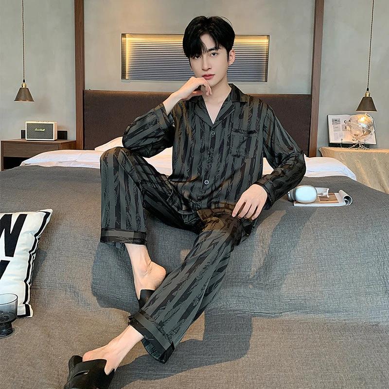 Men's Silk Pajamas V-neck Long Sleeve Two-piece Set by GJG Denim