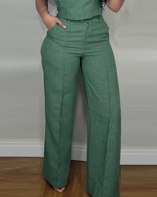 Summer Sleeveless Suit Fashion Round Neck Vest Top And Pocket Straight Pants Casual Trousers Set For Women Clothing by GJG Denim