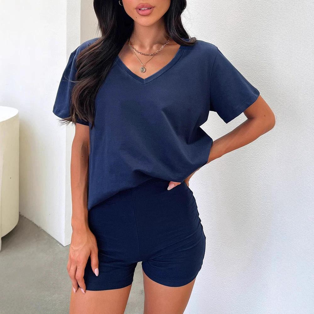 V-neck Fashion Solid Color Casual Fashion Shorts Suit Women by GJG Denim