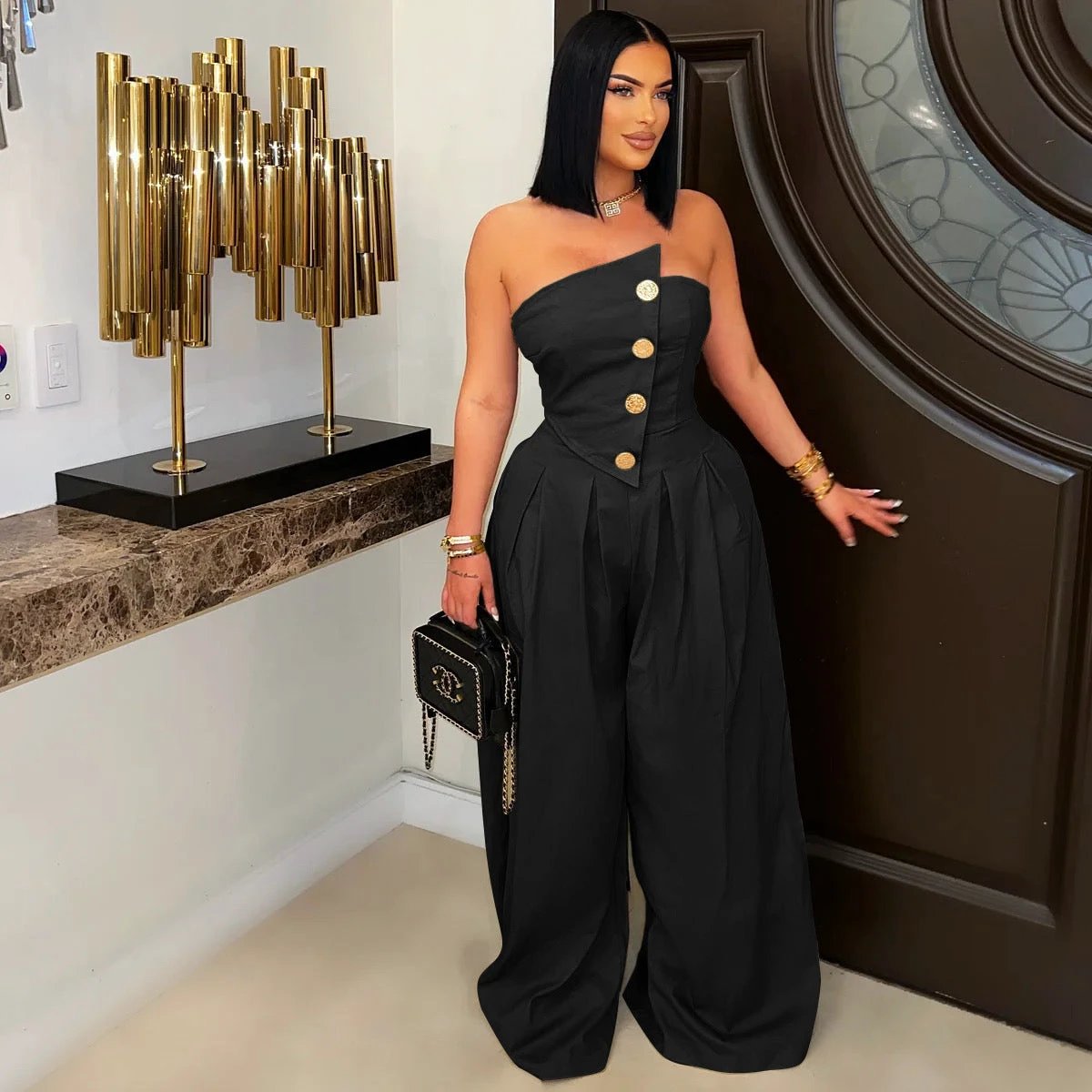Sexy Tube Top Sleeveless Metal Button Wide Leg Jumpsuit by GJG Denim