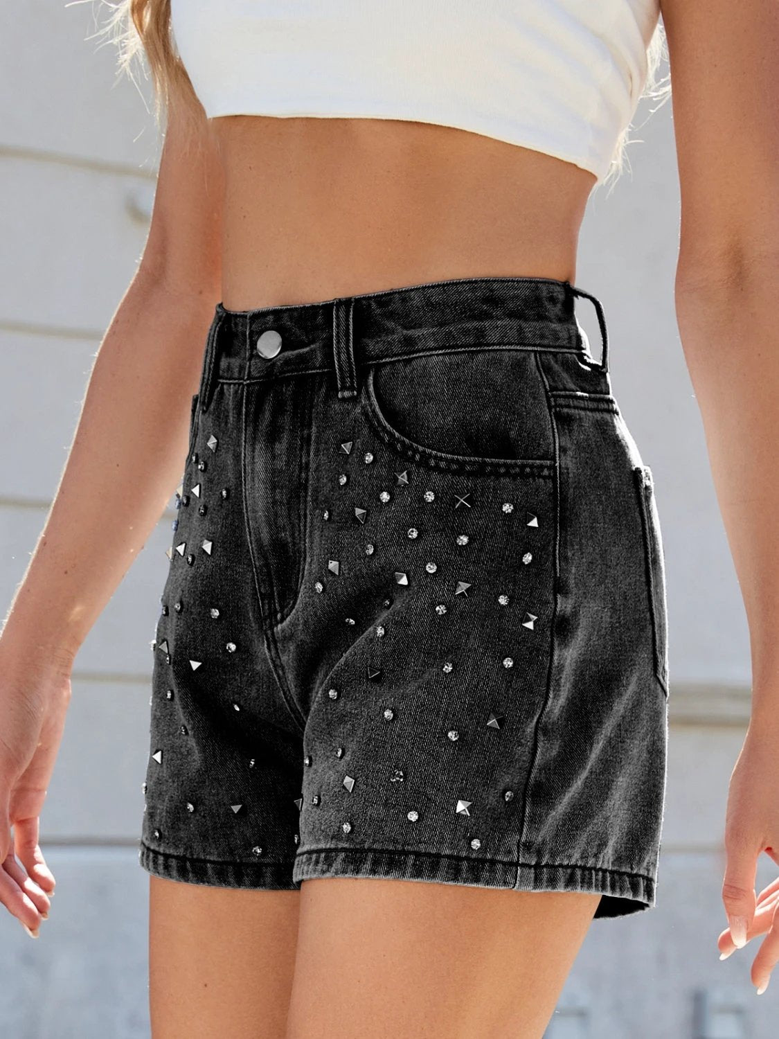 Rhinestone Washed High Waist Denim Shorts by Lady Ros