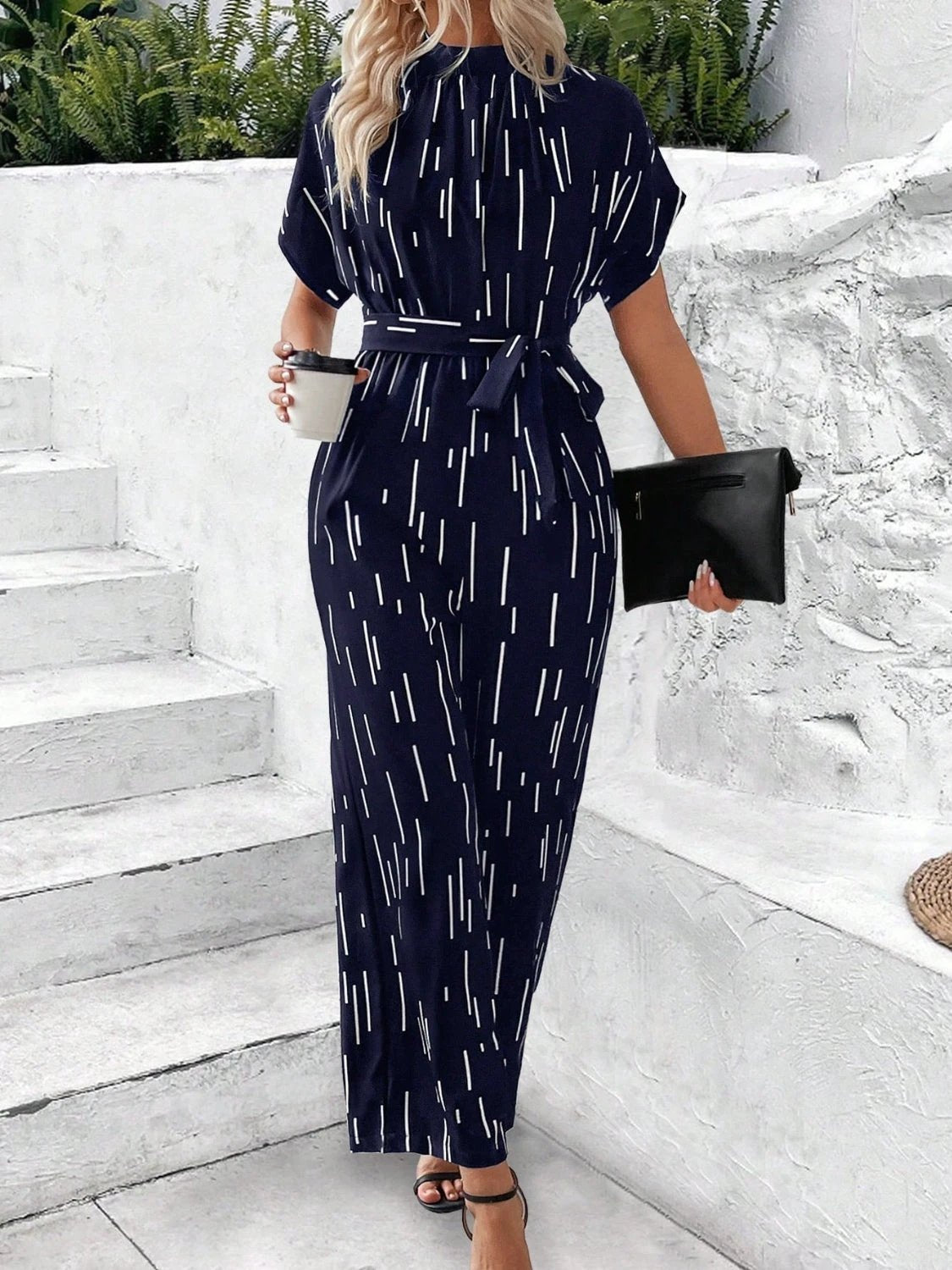 Tied Printed Mock Neck Wide Leg Jumpsuit by Lady Ros