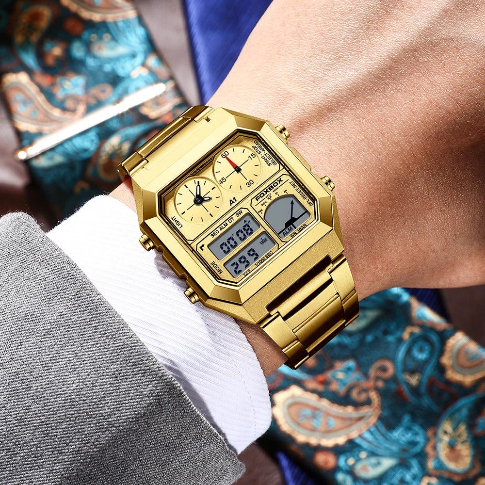 Dual Display Multifunctional Waterproof Alarm Clock Luminous Sports Watch For Men by GJG Denim