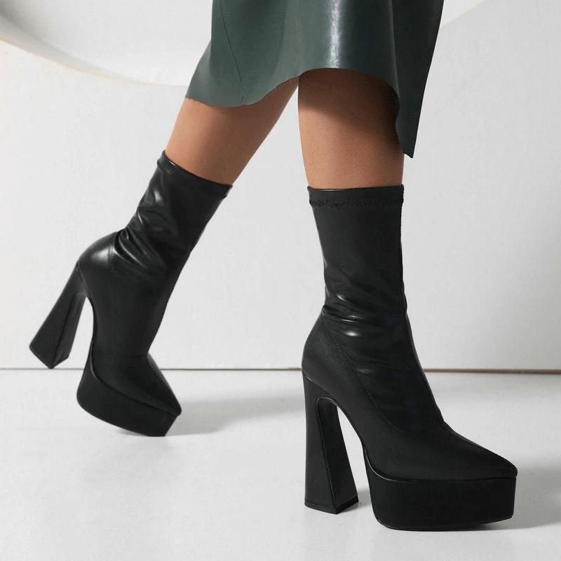 Women's Thick Heel Super High Heel Platform Booties by GJG Denim