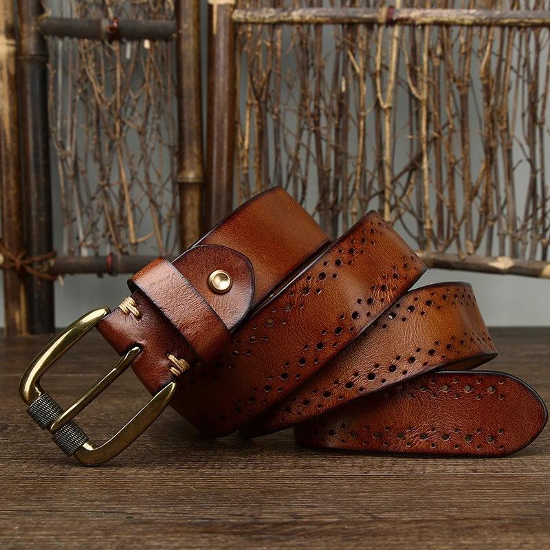 Hollowed-out First-layer Cowhide Pin-buckle Belt For Men by GJG Denim