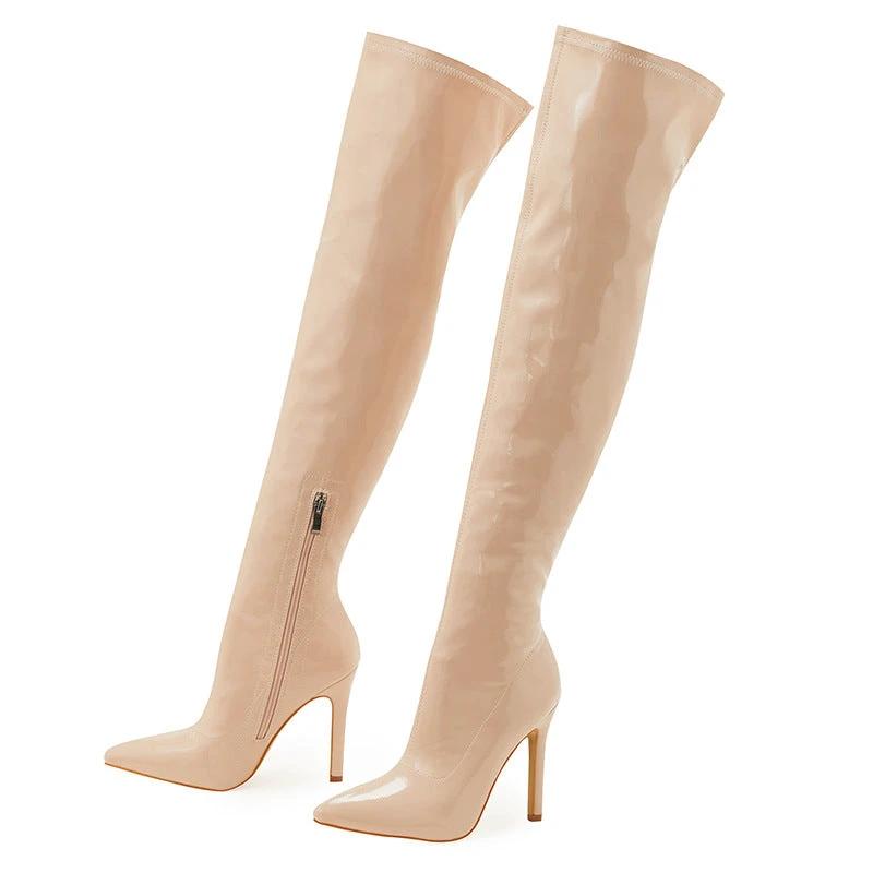 Women's High Heel Soft Patent Leather Inside Zipper Over The Knee Boots by GJG Denim
