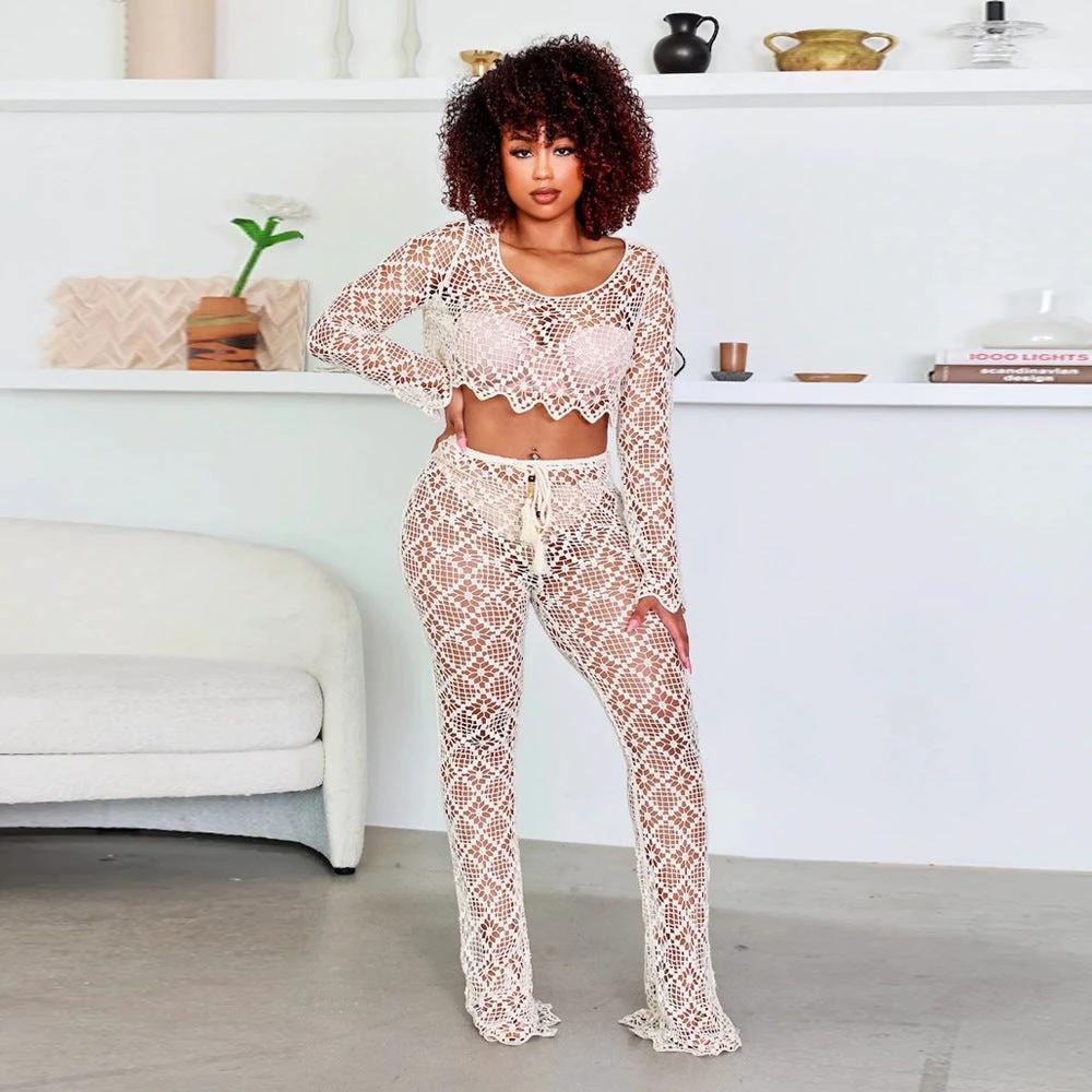 O-neck Short Top Bell-bottom Pants Lace Suit Without Lining by GJG Denim