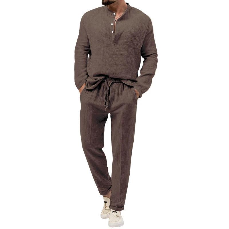 Solid Color Casual T-shirt Long Sleeve Shirt Pants Suit by GJG Denim
