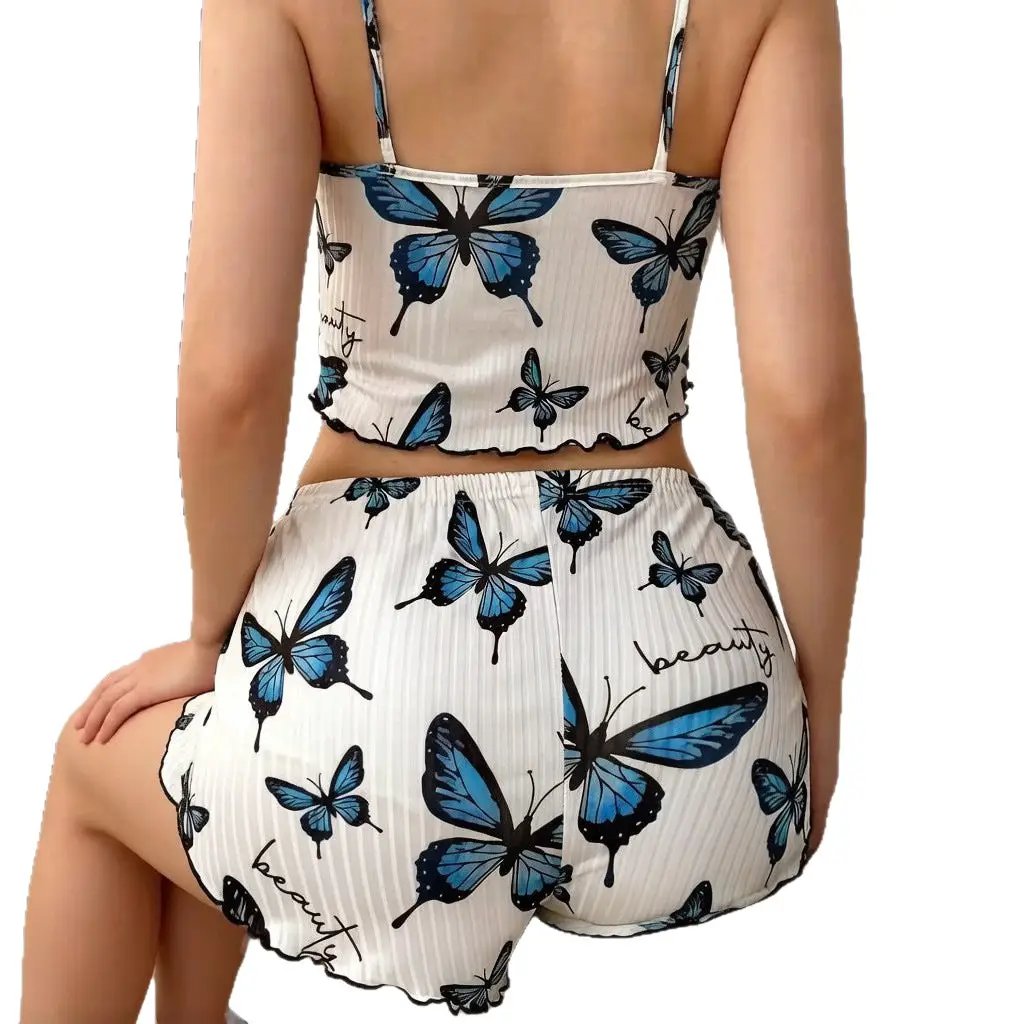 Women's Summer Thin Ribbed Home Wear Pajama Set Sexy Two-Piece by GJG Denim