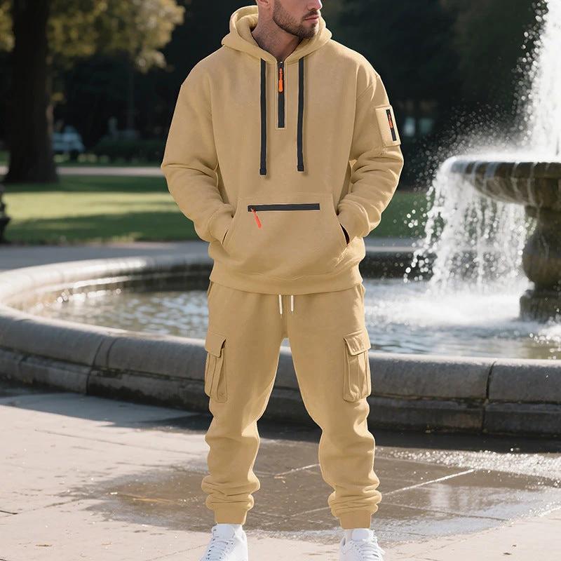 Men's Loose Sports And Leisure Suit Sweater Fleece-lined Hoodie Set Zipper Multi-Pocket Pullover Men's Sports Casual Top Two-piece Set by GJG Denim