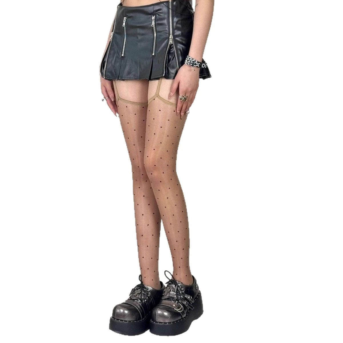 Aurora Polka Lace Shiny Suspenders Small Polka Dot Stockings by GJG Denim