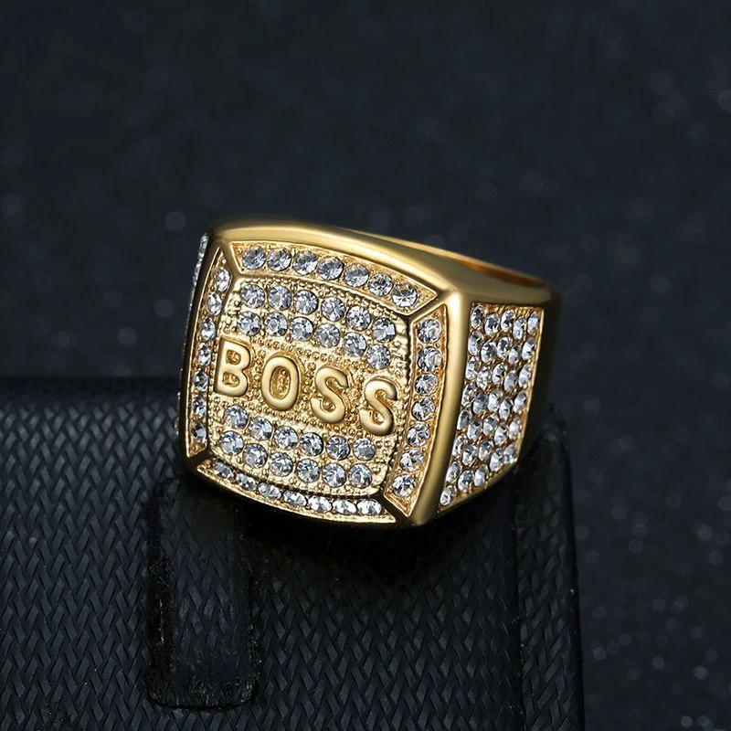Titanium Steel Vacuum Plating Rhinestone Square "BOSS" Letter Men's Ring by GJG Denim