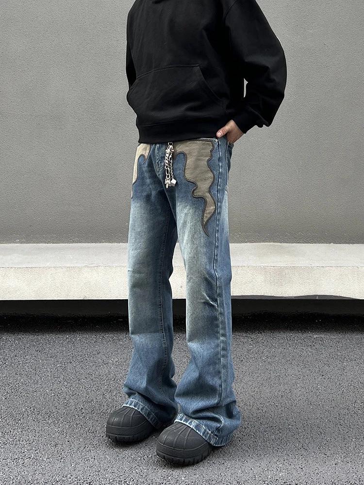 Men's Retro Flame Washed Straight Leg Jeans by GJG Denim