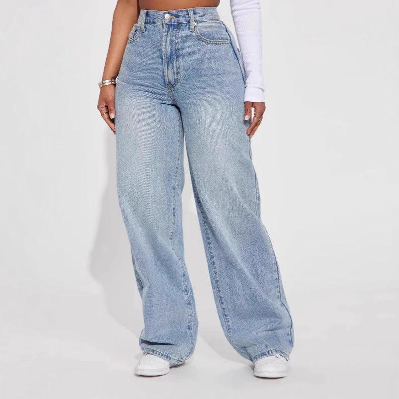 Euro-American Cross-Border Light Blue High-Waist Straight-Leg Jeans by GJG Denim