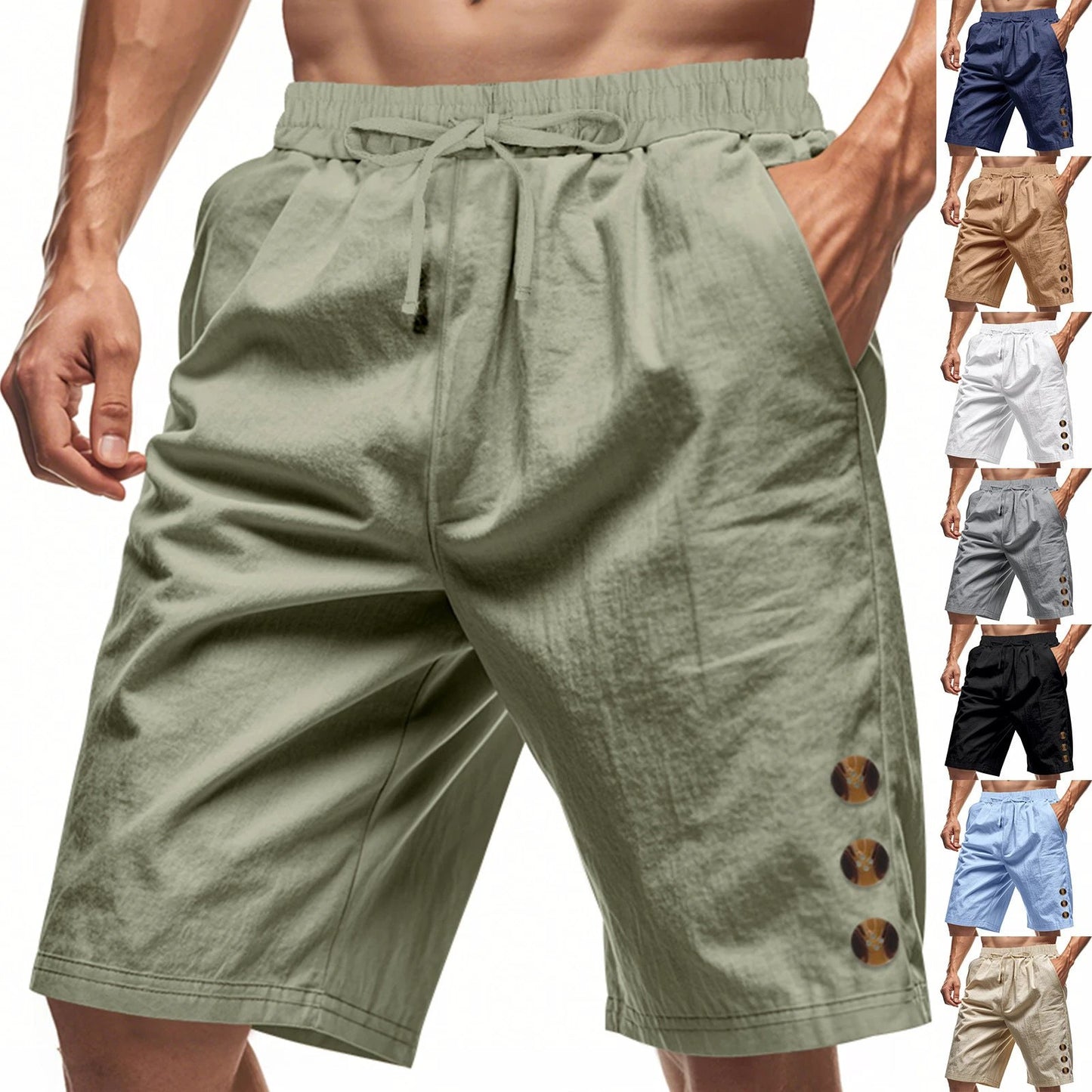 Men's Loose Linen Beach Casual Solid Color Shorts by GJG Denim