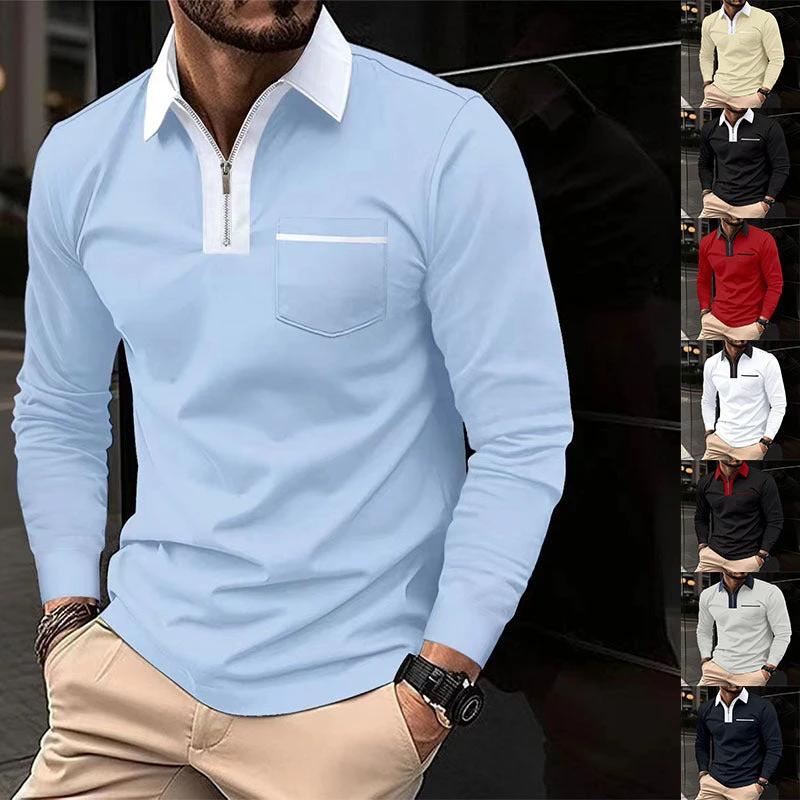 Men's Long Sleeve Zipper Polo Shirts Lapel Collar Zip Up by GJG Denim