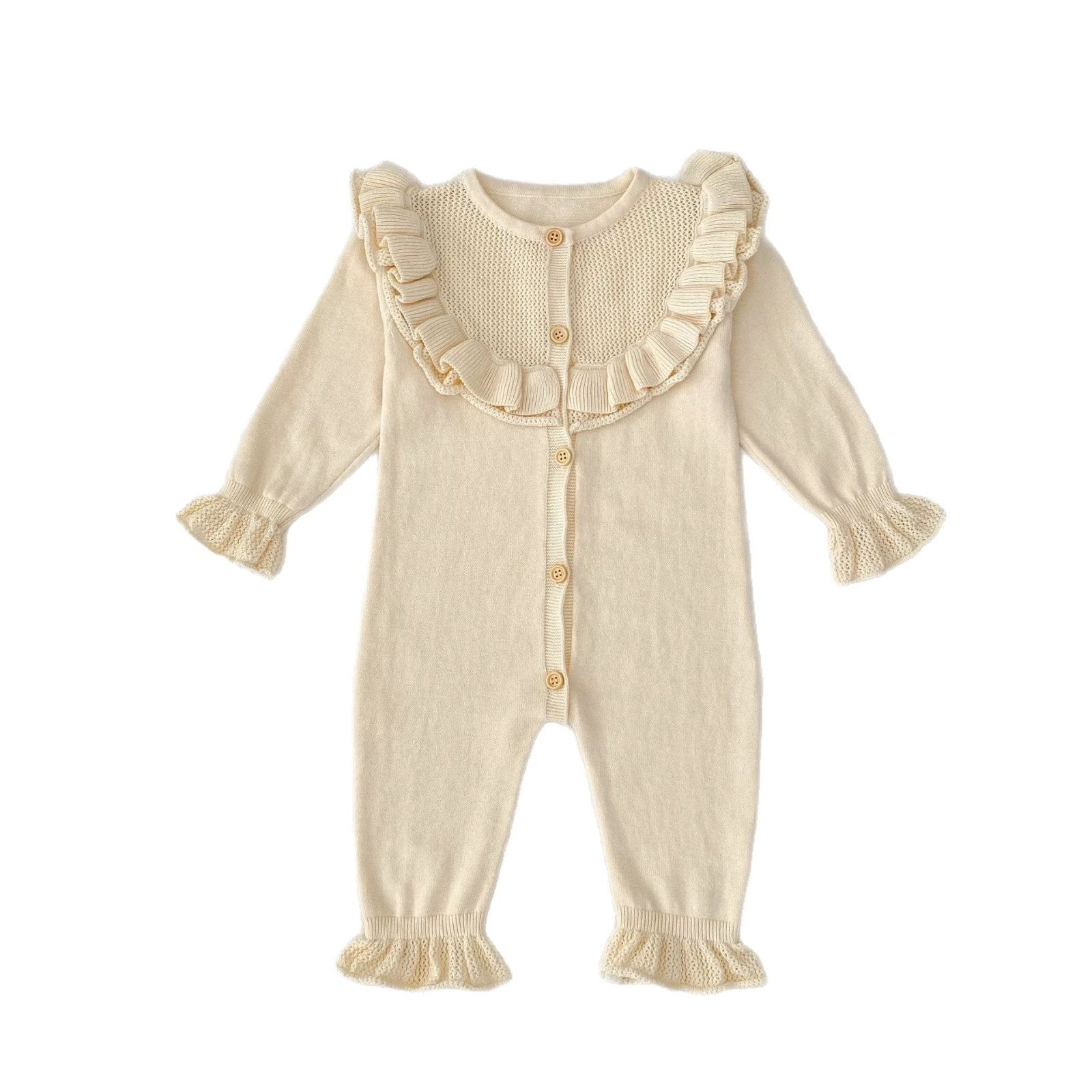 Baby Girl Round Neck Ruffled Stitching Long Climbing Fashionable Stylish Solid Color Jumpsuit by GJG Denim
