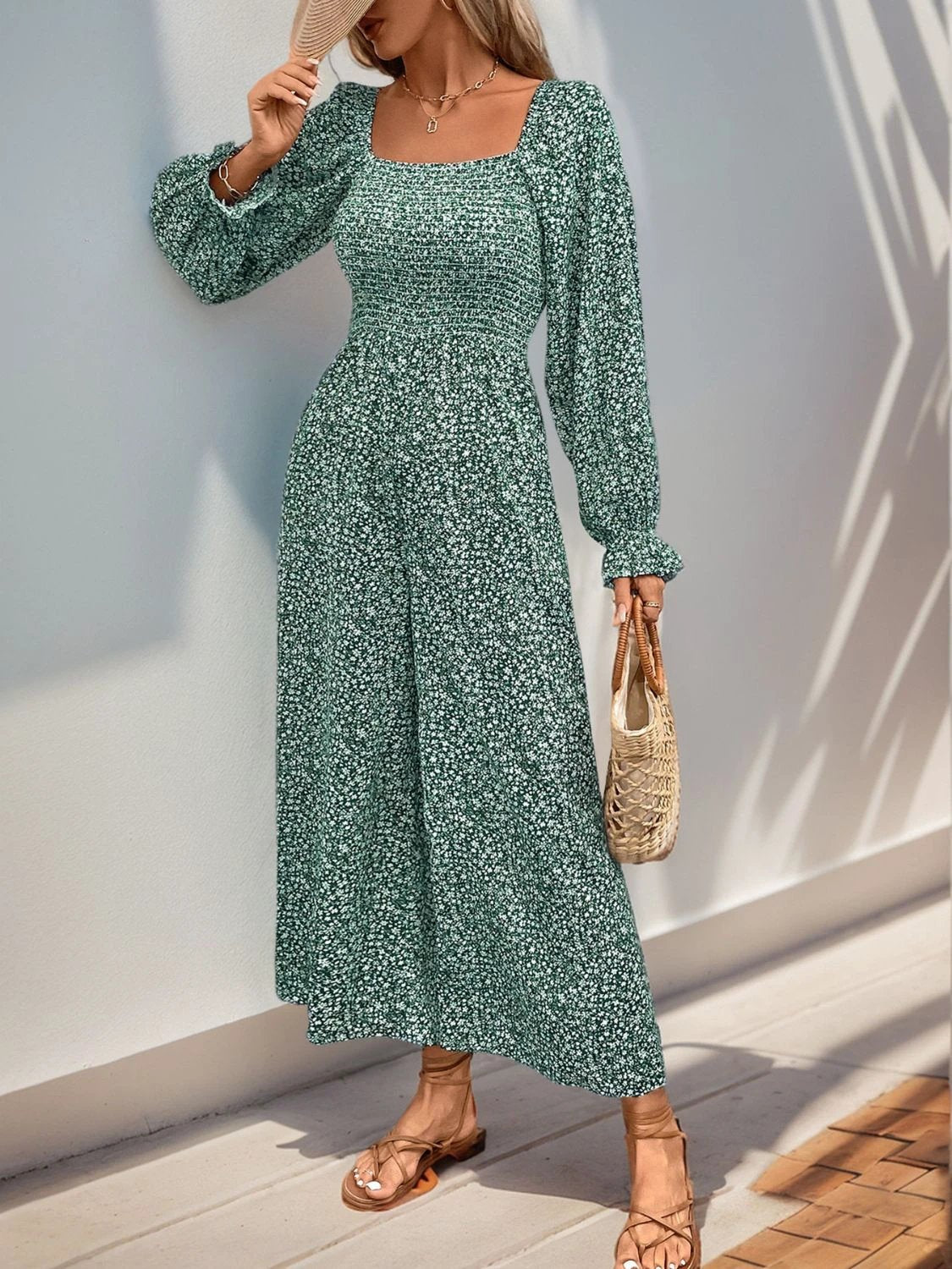 Perfee Smocked Printed Long Sleeve Wide Leg Jumpsuit by Lady Ros
