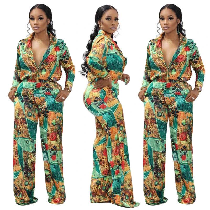 Casual Fashion Digital Printed V-neck Women's Two-piece Suit by GJG Denim