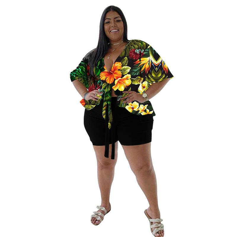 Women's Plus-Size Casual T-Shirt And Shorts Set With Print by GJG Denim