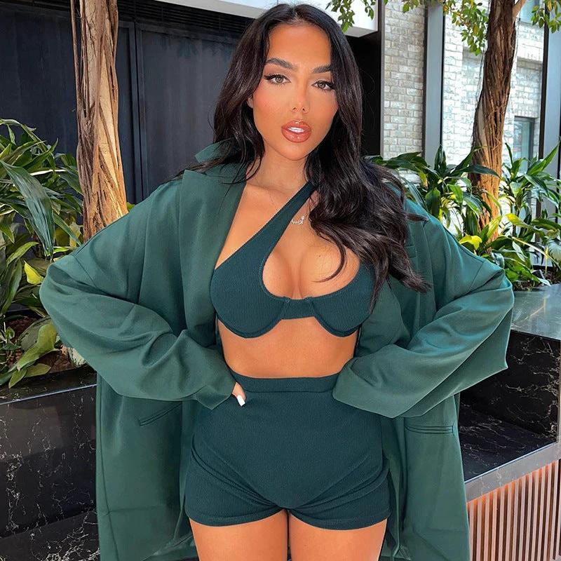 Irregular Shoulder Sexy Wrap Chest High Waist Tight Shorts Suit Women by GJG Denim