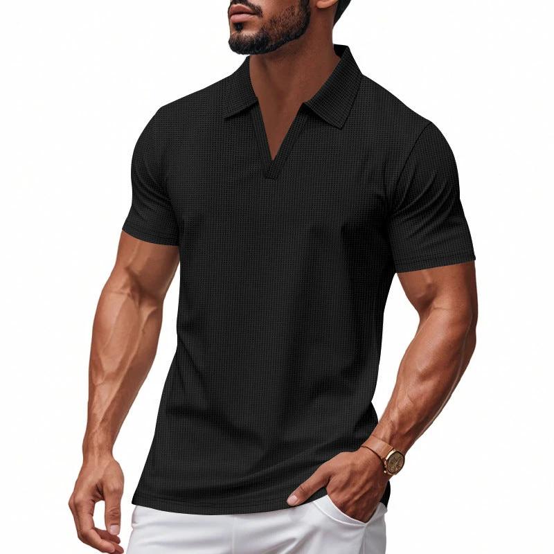 Summer Men's Loose Leisure Sports V-neck Waffle Short Sleeve Lapel Polo Shirt Men by GJG Denim