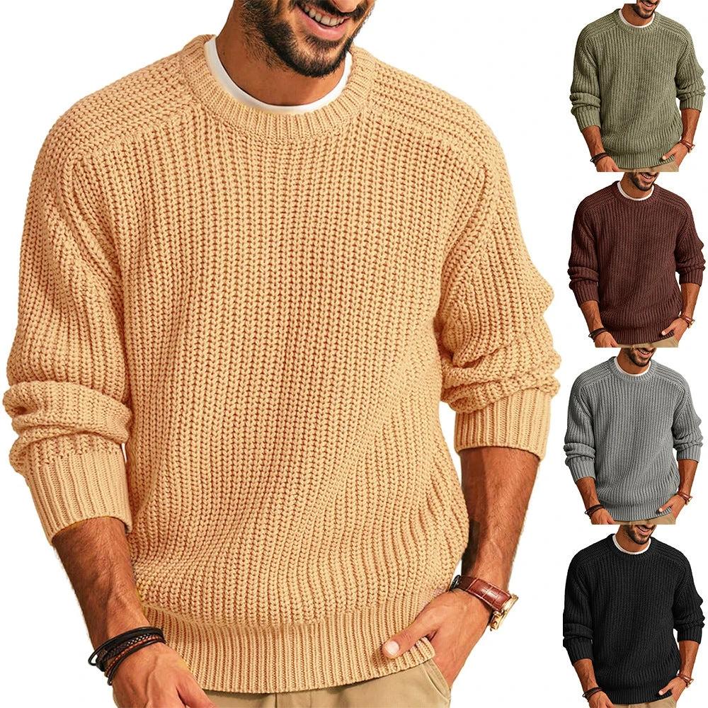 Men's Solid Color Long Sleeve Round Neck Fashion Sweater Loose Retro Sweater by GJG Denim