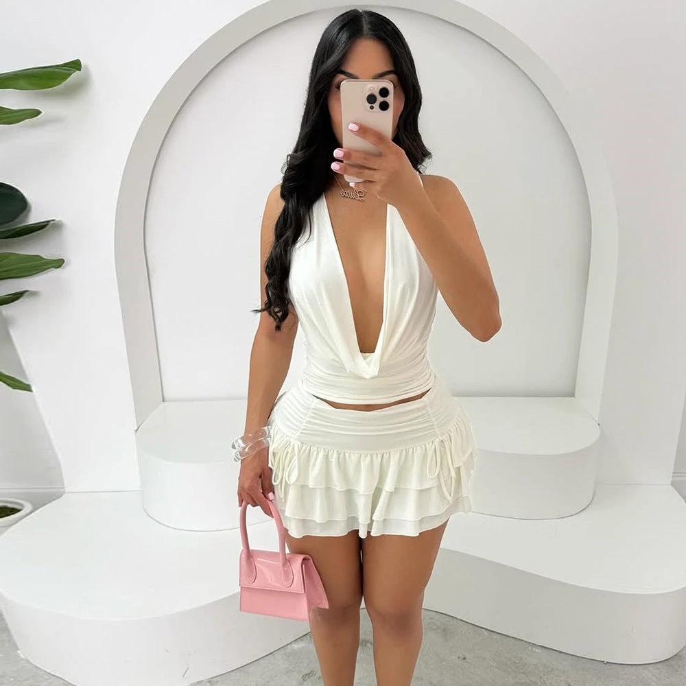 Women's Hollow Out Strap Top Cake Stretch Skirt Two-piece Set by GJG Denim