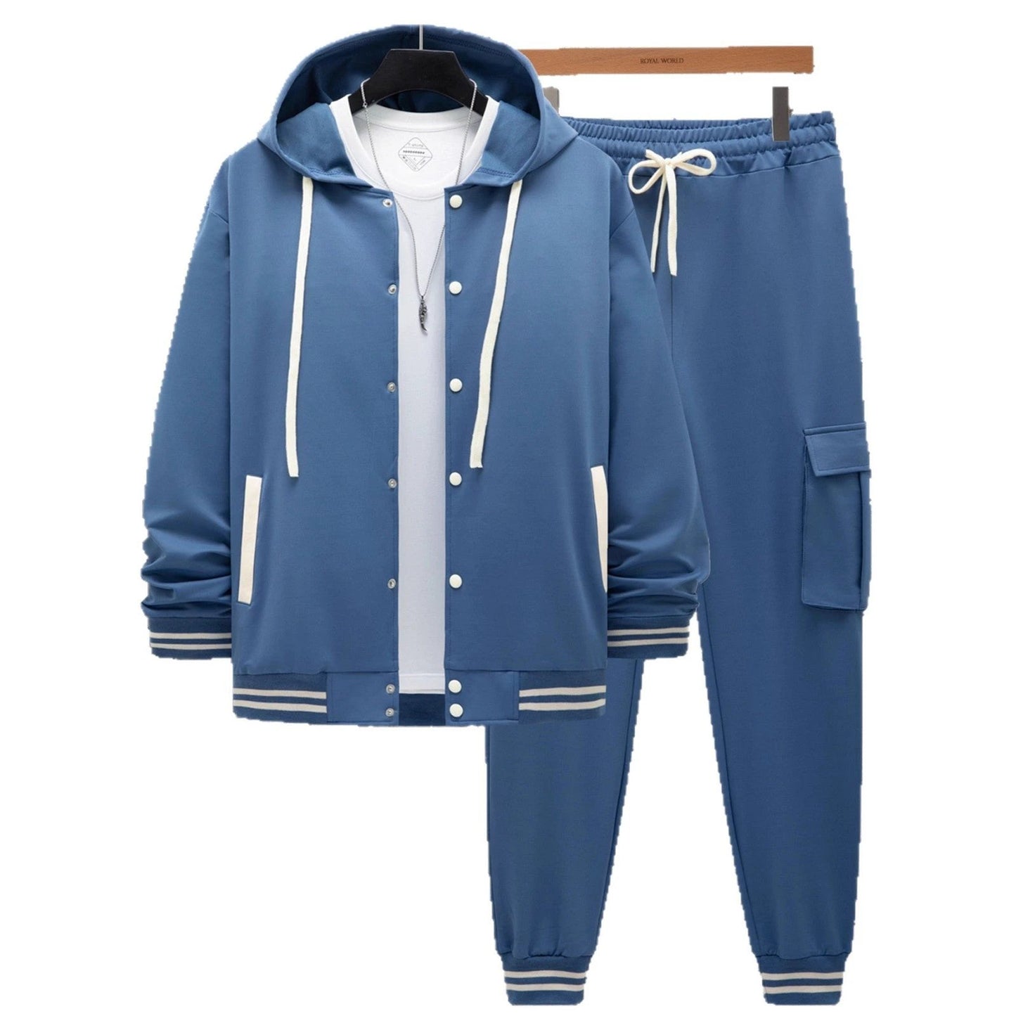 Men's Large Twill Hooded Baseball Jacket Cardigan Long Sleeve Pants Set by GJG Denim