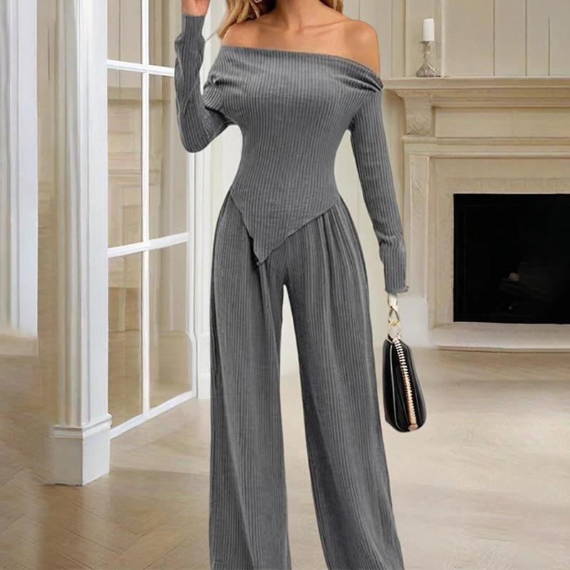 Women's Solid Color Off-Shoulder Long Sleeve Top & Pants Set - Elegant Asymmetrical Hem & Ruffes Cuff Casual Outfit by GJG Denim