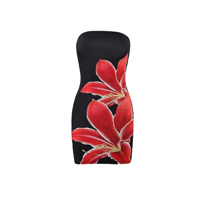 Women's Tube Top Flower Print Slim Sheath Short Dress by GJG Denim