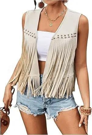 Womens Tassel Sleeveless Vest With Suede Tassels by GJG Denim