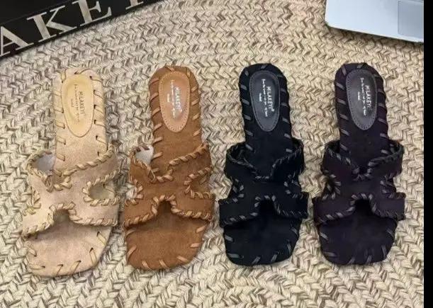 Retro Niche Design Suede One-Strap Slides For Women, 2026 Summer Genuine Leather Outdoor High-end Open Toe Slippers by GJG Denim