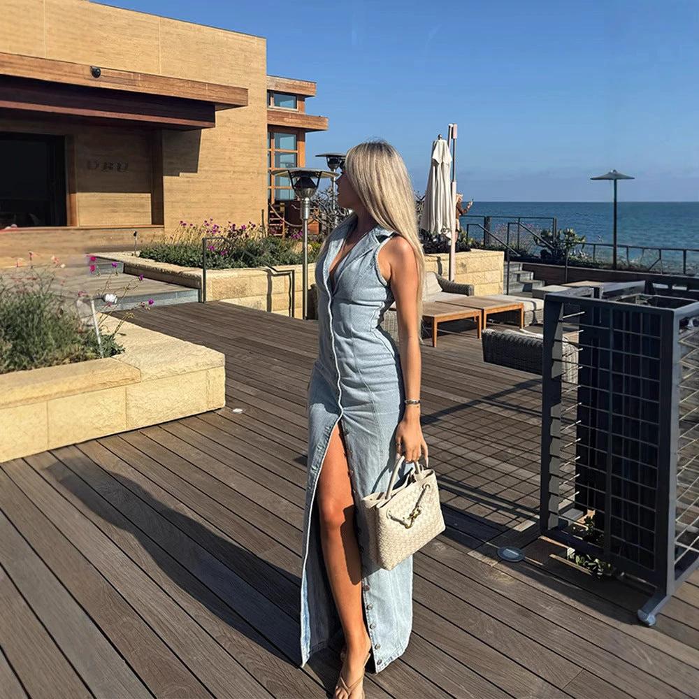 Light Blue Sexy Button Denim Dress by GJG Denim