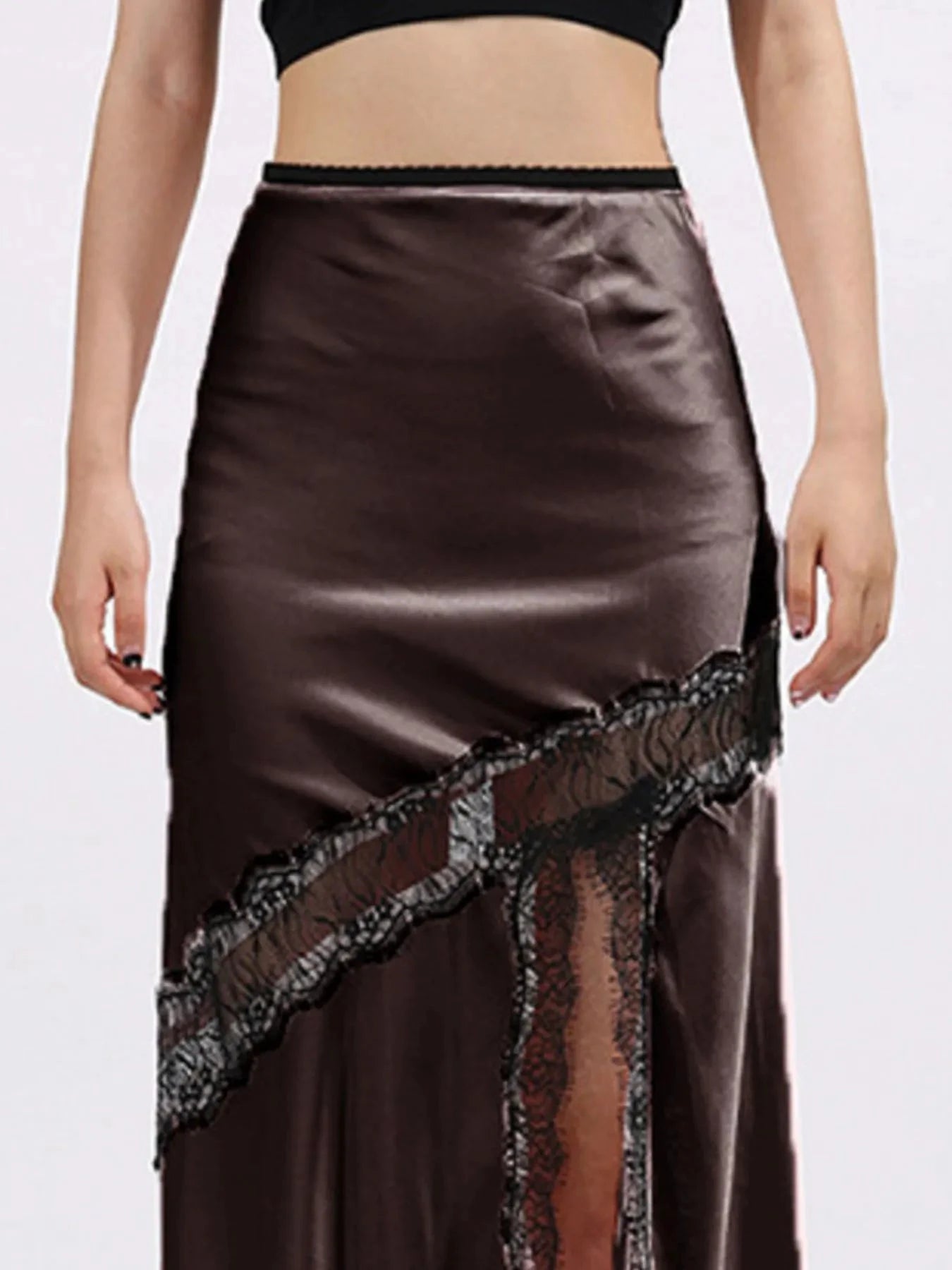 Lace Trim Asymmetrical Midi Skirt by Lady Ros