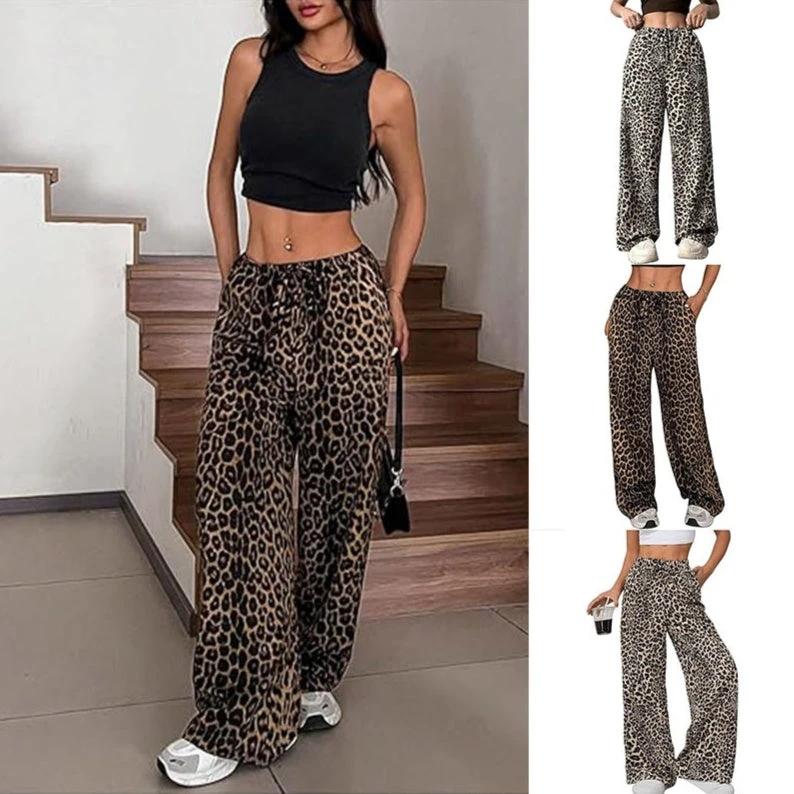 Women's Casual Leopard Print High Waisted Wide-Leg Pants Elegant Drawstring Loose Long Trousers by GJG Denim