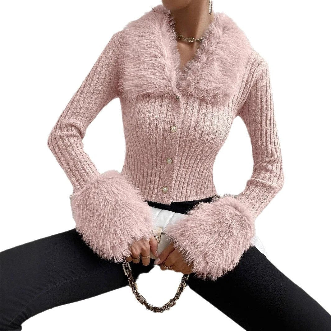 New V-neck Knitted Cardigan With A Slim Fit And A Fur-trimmed Collar by GJG Denim