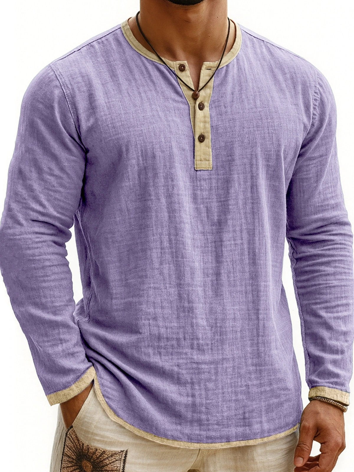 Men's Two-tone Henley Shirt 3-button Casual Long Sleeve Shirt by GJG Denim