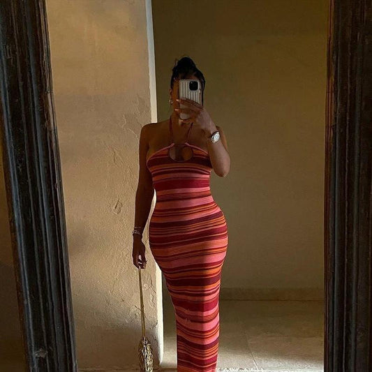 Striped Contrast Long Dress Sexy Halter Strap Backless Wrap Chest Slit Dress by GJG Denim