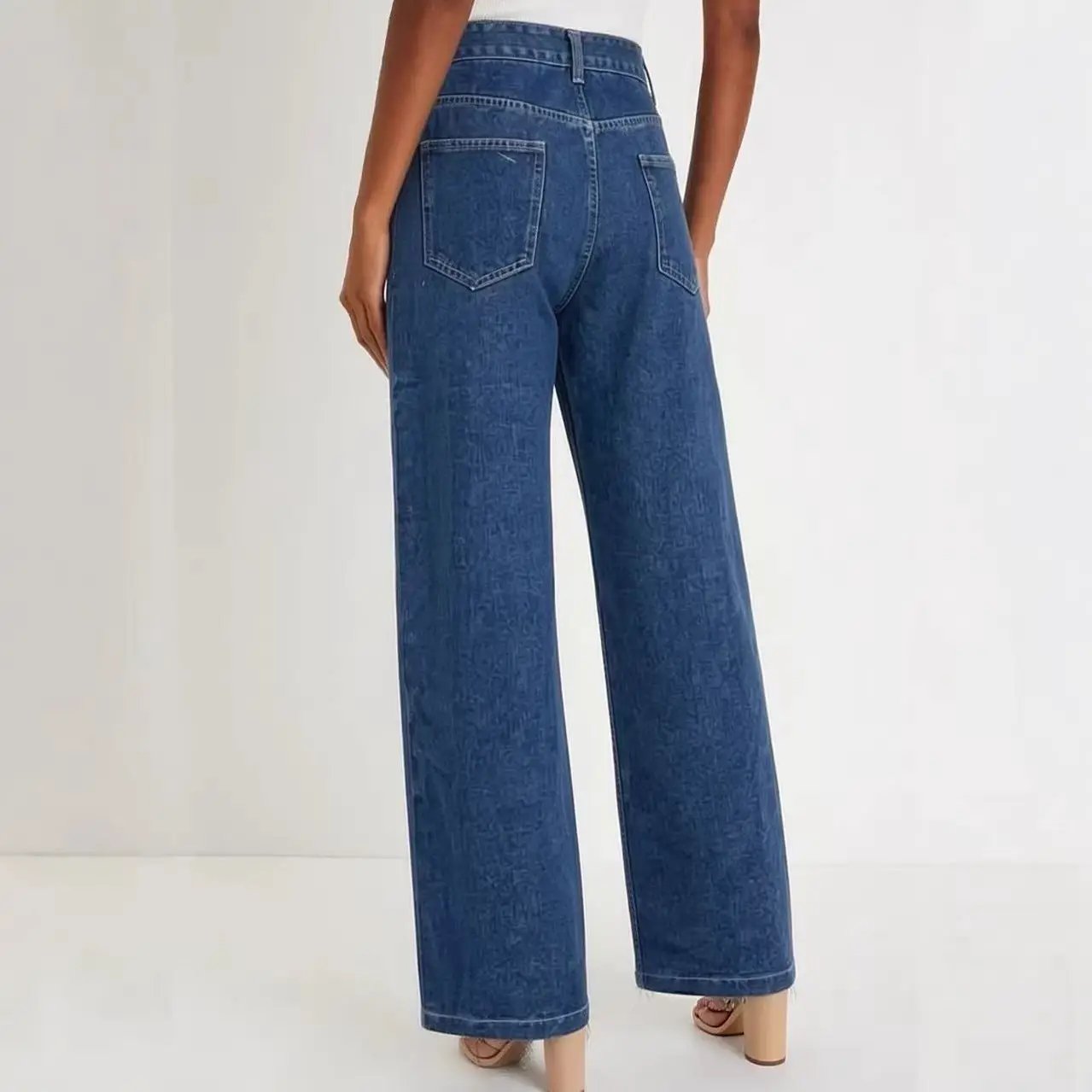 Fashionable Retro Personalized Flared Split Hem Color-Block Wide-Leg Floor-Length Womens Denim Trousers by GJG Denim