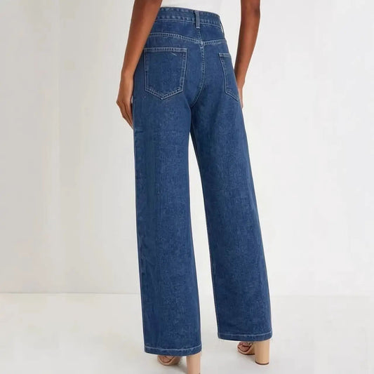 Fashionable Retro Personalized Flared Split Hem Color-Block Wide-Leg Floor-Length Womens Denim Trousers by GJG Denim