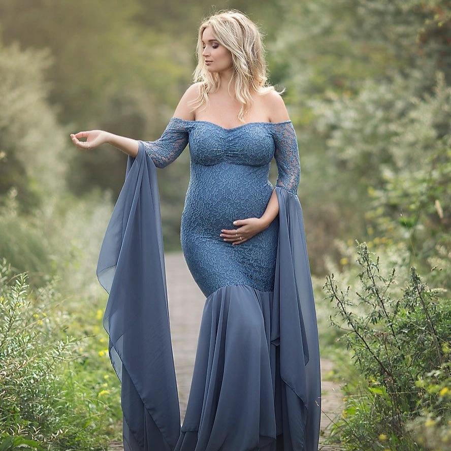 Lace Stitching Super Long Sleeve Maternity Dress by GJG Denim