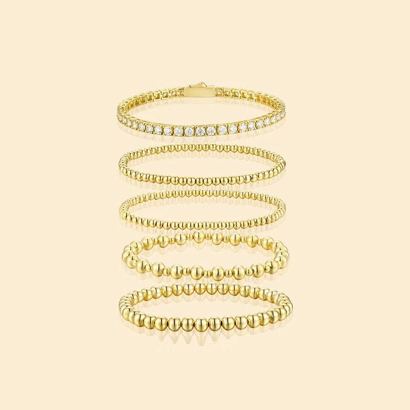 Moissanite Round Beads Classic Style Gold Twin 5-piece Bracelet Set Does Not Fade by GJG Denim