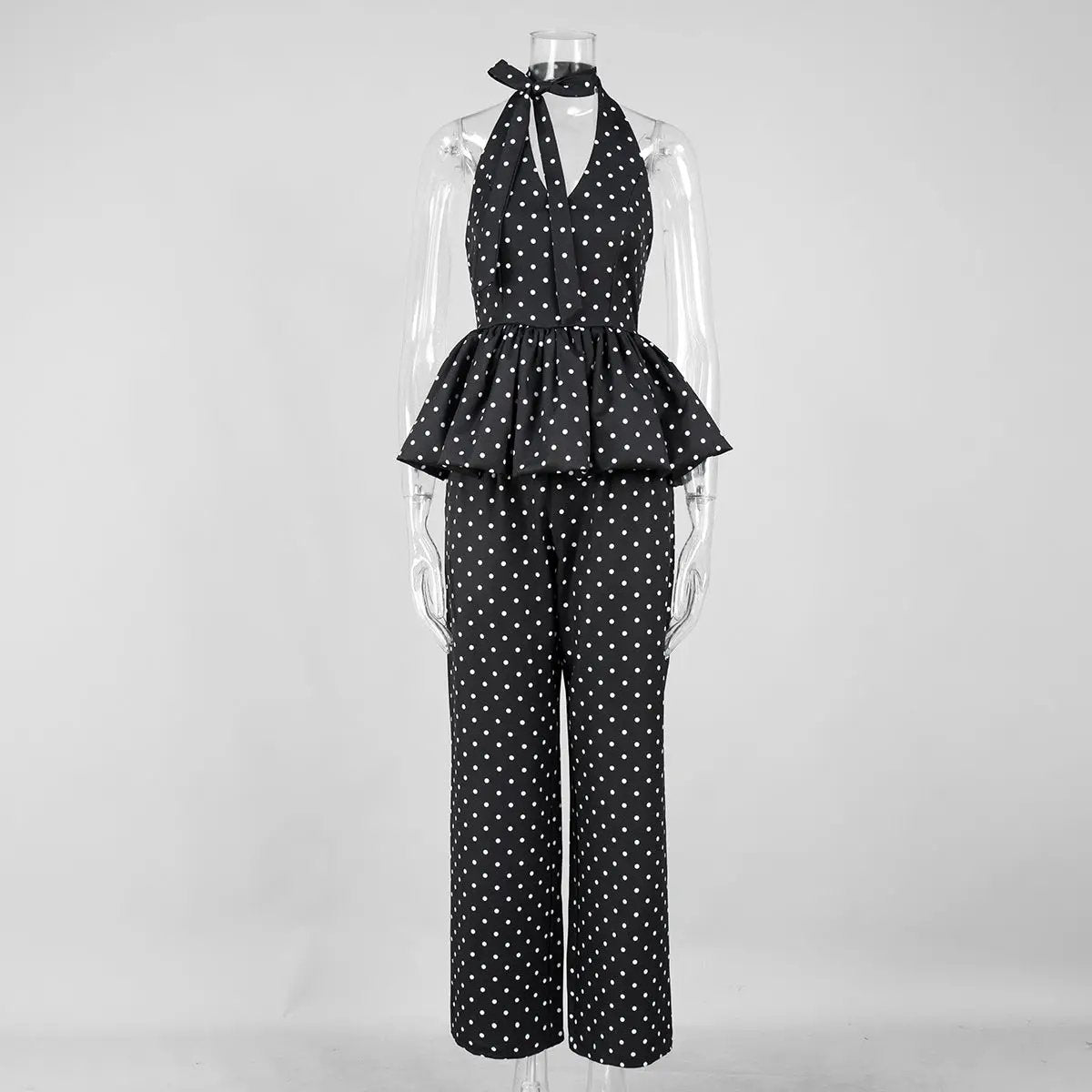 Polka-dot Print Elegant Halterneck Jumpsuit With Wide-leg Pants Set by GJG Denim